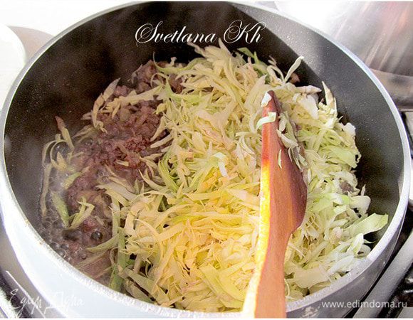 Приготовить начинку. Лук мелко нарезать, слегка поджарить. К луку добавить фарш, хорошо перемешать и жарить до готовности мяса. Следить, чтобы не образовывались комочки из фарша. К мясу добавить мелко нарезанную капусту. Тушить все вместе, подбавив немного воды.Если вода выкипает, подливать ее  небольшими порциями  и тушить 20 минут. Соль и перец по вкусу.