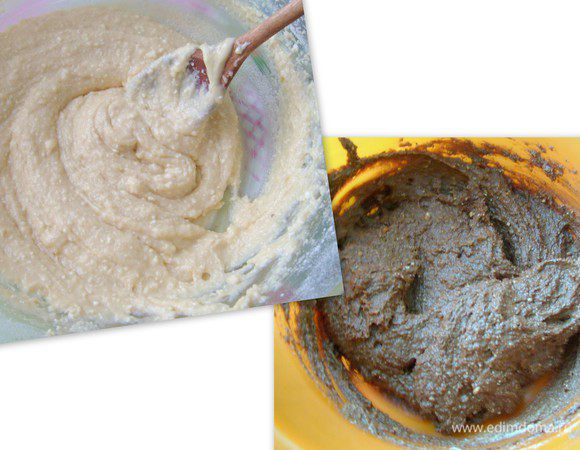 Перемешать одну часть теста с белым шоколадом, а другую  - с темным.