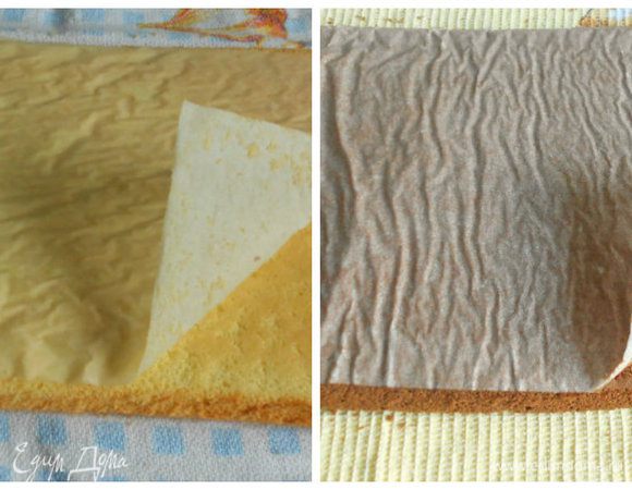 Приготовить тёмный корж:

Точно также взбить белки и желтки. Белки взбивают только чистым сухим венчиком/ электрическим миксером.
Растопить на водяной бане 50 г шоколада, немного остудить и вылить в желтковую смесь, хорошо перемешать. Выложить сверху белки и просеять на них смесь из муки, крахмала, какао. Перемешать осторожно венчиком. Выпекать, как и светлый корж. Достать противни из духовки на стол, через 10 мин провести ножом вдоль стенок, опрокинуть коржи на чистое полотенце. Пекарскую бумагу аккуратно снять. Дать коржам полностью остыть.