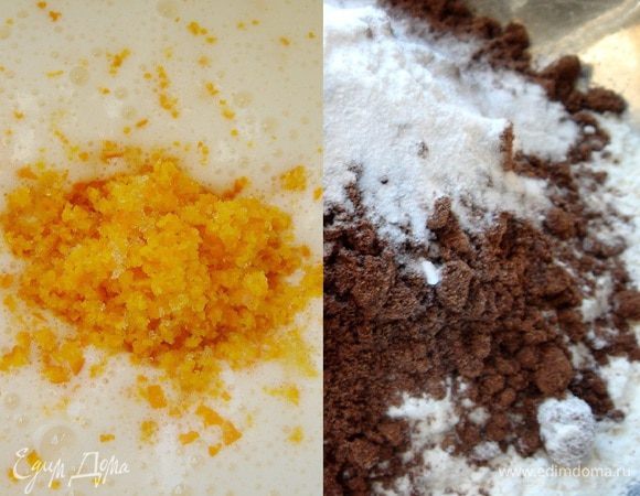 Яйца взбить с сахаром добела. Добавить мандариновую цедру, сметану и растопленное масло. Смешать оба вида муки и соду. Просеять в яично-масляную смесь муку и хорошо перемешать.