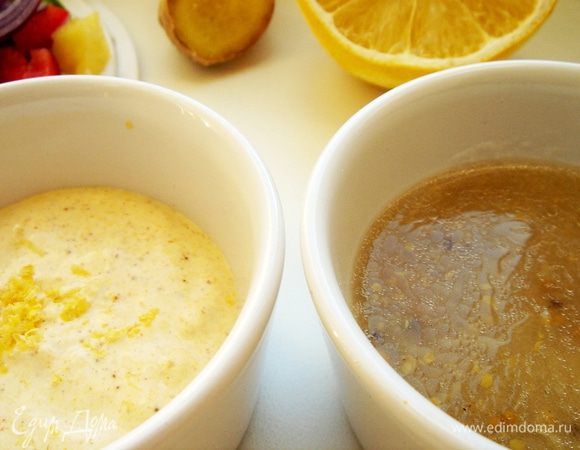 Для кокосовой заправки смешать все ингредиенты. Лучше использовать пасту карри. Ингредиенты для имбирной заправки поместить в небольшую банку,плотно закрыть её крышкой и хорошенько потрясти.