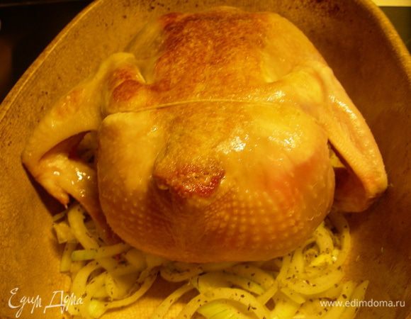 Выкладываем на них курочку. Я ее предварительно обжарила на сухой сковороде до легкой корочки, но это по вкусу. Наливаем немного воды, несколько сантиметров, чтобы покрыла дно. Накрываем фольгой или крышкой и ставим в духовку 180-200 гр. Я готовила при 200 гр. Во второй половине приготовления фольгу можно снять, чтобы курочка подрумянилась. Точное время приготовления зависит от веса птицы и Вашей духовке - 1-1,5 часа. В оригинале готовили корейку весом 2 кг и время было такое: 50 минут при 180 гр и 1,5 часа при 160 гр. 

