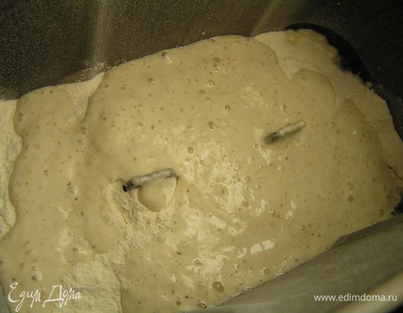 В контейнер хлебопечки налить воду, добавить соль, сахар, муку и опару. Включить хлебопечку, выбрать программу "Багет", нажать кнопку "Старт".