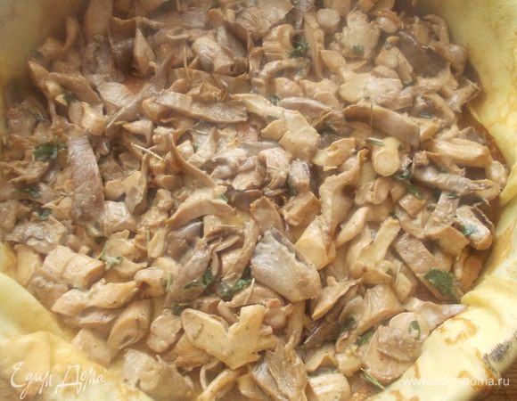 Выложить ряд грибной начинки, оставив две-три ложки для украшения. Также немного придавить и накрыть сверху блинами.