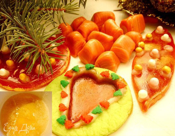 Для льдинок смешать воду(вино,сок) с сахаром и прогреть на большом огне и при сильном кипении, добавить инвертный сироп и довести до пробы на мягкий шарик (капля сиропа, после небольшого охлаждения скатывается между двумя пальцами в мягкий шарик). Смешать с ароматизаторами и красителями (можно разделить сироп на части и окрасить в разные цвета). На пергаменте нарисовать фигурки и смазать пергамент сливочным маслом. Ложечкой аккуратно вылить и распределить сироп на фигурки, сделать отверстие. Сверху можно разложить красивые сахарные украшения. Охладить, а затем снять с пергамента. Сваренную карамель можно залить в отверстия в фигурках из песочного теста, а затем уже запечь эти фигурки. Остатки карамели можно немного охладить,растянуть раз 10 (как растягиваете жвачку), а затем сформовать из осветлившейся карамели колбаски и нарезать острыми ножницами на конфетки.