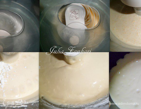 Готовим бисквит. Белки отделяем от желтков. Белки взбиваем в кухонном комбайне с 2 столовыми ложками воды в пышную пену, затем вводим желтки, продолжая взбивать, сахар, ванилин. Затем добавляем крахмал и муку, перемешанную с разрыхлителем. Полученную массу вливаем в разъемную форму, дно которой застелено пекарской бумагой. Выпекаем в разогретой до 180 градусов духовке 20 минут до зарумянивания.