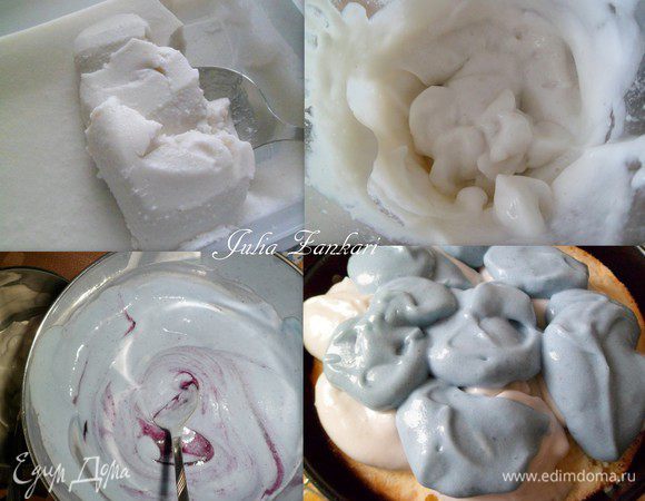 Достаем застывшее кокосовое желе и взбиваем в блендере в пышную массу. Затем можно разделить на 2 части. В одну из них добавляем черничный джем. Кокосовый мусс поочередно ложкой укладываем на бисквит и ровняем. Отправляем торт в холодильник на час