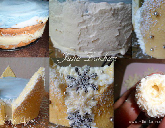 Освобождаем торт от формы, обмазываем бока оставшимися взбитыми сливками. Также сливками украшаем немного верх торта. На сливки лепим "домики", оставляя зазоры. Украшаем дальше снежинками, бусинами и "рафаэлками". У рафаэллок аккуратно ножом вырезаем отверстия, чтобы усадить на кончики короны.