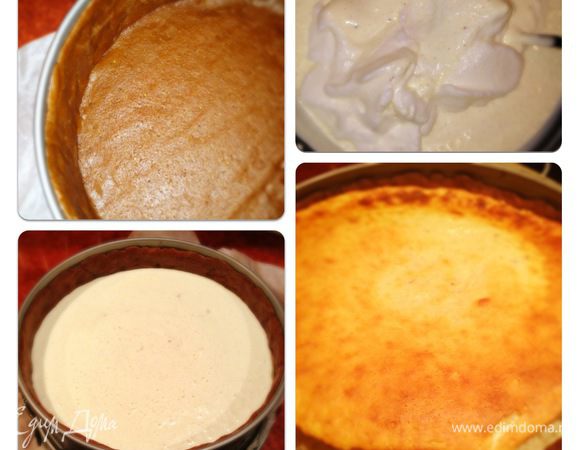 Раскатать тесто и выложить в форму ( у меня разъёмная, дно застелила пергаментом ).  Муку для присыпки рабочей поверхности я не использовала. Убираем в холодильник, пока будем готовить творожную массу.
В блендере смешиваем творог, желтки, сметану, йогурт, крахмал, сгущённое молоко, ваниль и корицу до однородной массы, чтоб не было крупинок! Взбиваем белки в стойкую пену. Смешиваем творожную массу и белки аккуратно. Переливаем в форму с тестом. Ставим в духовку на 175 градусов на 40-45 мин. Сначала тесто поднимется, но после остывания опустится. Так же сначала начинка будет в виде желе, жидковатая, будет казаться, что ещё не пропеклось, но после полного остывания станет плотной. Желательно оставить на ночь в холодильнике.