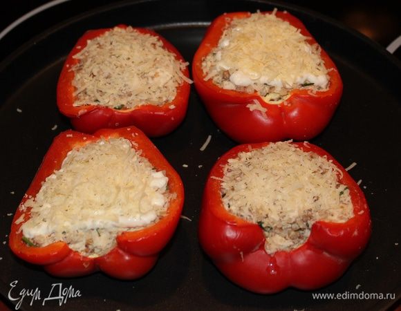Куриное филе нарезать кубиками, смешать с сыром Фета, гречкой, хреном, специями и зеленью. Плотно уложить начинку в перчики, смазать поверхность сметаной либо йогуртом и присыпать сыром Пармезан. Выпекать в духовке на 180 градусов 25 минут.