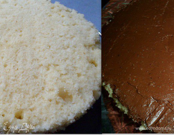 бисквит разрезаем и смазываем шоколадным кремом.оставив   немного крема (см.ниже для чего)