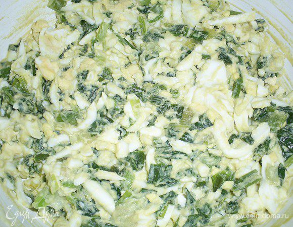 Зеленый лук мелко нарезаем, слегка обжариваем на растительном масле. Смешиваем с натертыми на крупной терке вареными яйцами, солим по вкусу.