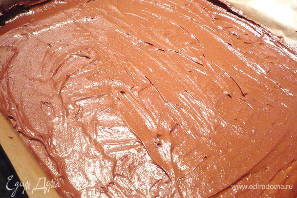 Готовим наш шоколадный бисквит. Просеиваем муку, смешанную с какао, просеиваем. Масло взбиваем до кремообразного состояния, добавляем пудру из тростникового сахара, продолжая взбивать, вводим белки, добавляем муку и какао, взбиваем до однородности. Выкладываем на застеленный пекарской бумагой противень.