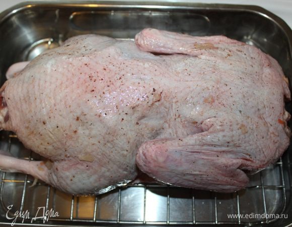 Нафаршировать утку, при помощи зубочисток закрыть отверстие, положить утку в форму для запекания на решетку и поставить в разогретую духовку.