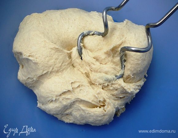 Пока утка запекается, сделаем дрожжевое тесто. На 0,5 л воды 40 г свежих дрожжей, 8 г соли, 1 яйцо, примерно 4 стакана муки. Вымесить тесто и разделить на 2 неравные части (одна часть немного меньше другой... )