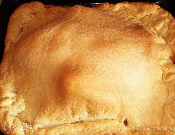 Раскатать второй корж, накрыть сверху утку и запекать в духовке, пока тесто не станет золотистого цвета.