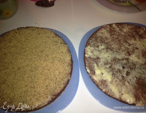 Оба коржа равномерно смазать кремом, нижний посыпать орехами. Верхний корж вернуть "на место". Посыпать сахарной пудрой и орехами.