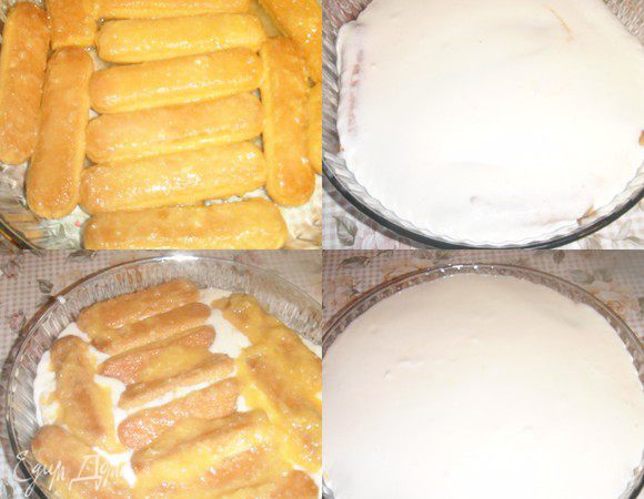 Выложенный одним слоем бисквит залить кремом,затем снова слой бисквита пропитанный мандариновым соком последним должен быть слой крема.