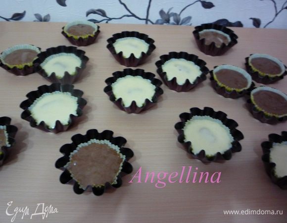 В формочки для кексов вставить бумажные формочки, наполнить их тестом на 2/3, положить в серединку конфету или кусочек ириски, сверху налить еще немного теста, чтобы оно только закрыло конфету. Выпекать в разогретой духовке минут 20 при температуре 180 градусов (проверить готовность лучиной или спичкой)