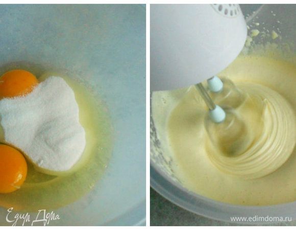 Приготовить крем: яйца и сахар взбить миксером до пены и значительного увеличения в объёме.