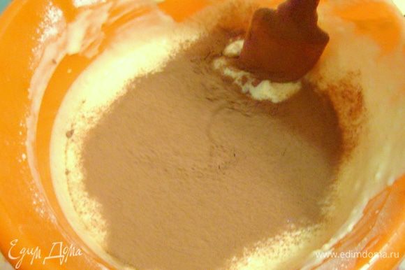 Тесто разделить на две неравные части: в меньшую часть (примерно 1/3) добавить какао и аккуратно перемешать.