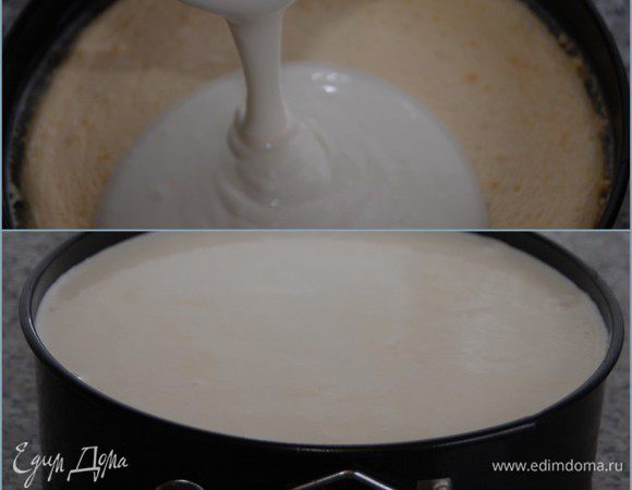 Вылить заливку поверх чизкейка и убрать в холодильник до полного желирования.  И еще один маленький секретик (может, кому пригодится): если после извлечения из формы края чиза не совсем ровные – это можно легко исправить при помощи горячего ножа с широким лезвием. 