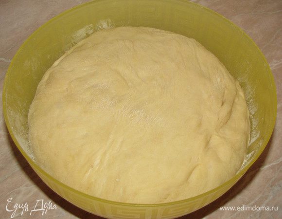 Когда опара увеличится вдвое. Добавить растопленное и остуженное масло и остальную муку. Замесить мягкое, эластичное тесто. Поставить в теплое место.