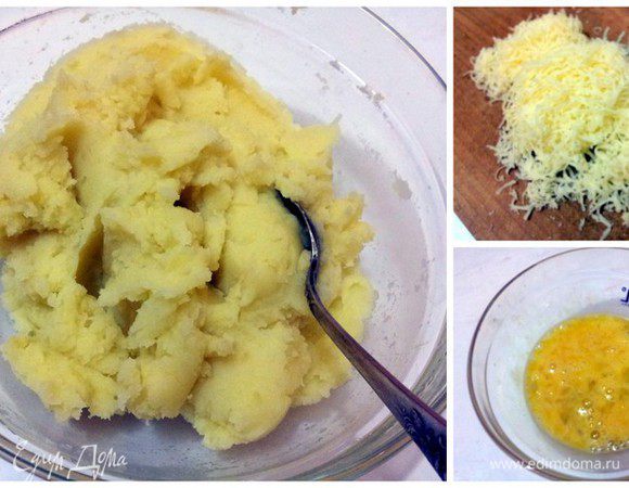 Лук мелко нарезать и обжарить на растительном масле. Натереть сыр.
Сварить картофельное пюре, добавить в него 1 яйцо, половину тертого сыра, муку, обжаренный репчатый лук. Добавить соль и перец по вкусу.
В мясной фарш добавить 1 яйцо, соль, перец, нарезанную мелко петрушку.