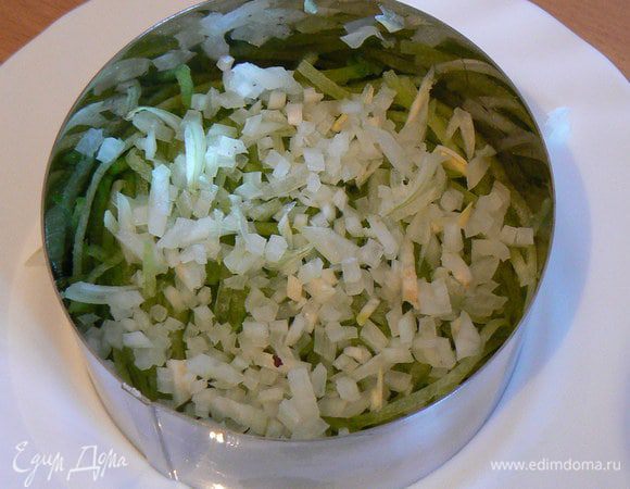 укладываем слоями; редька.мелко порезанный лук