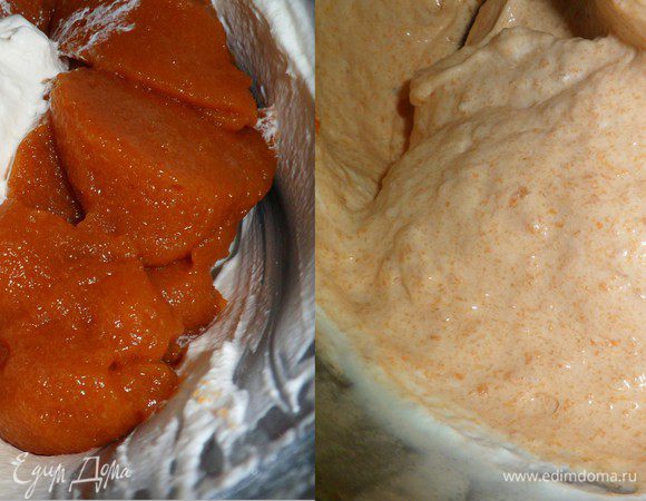 застывшее абрикосовое желе перемешиваем со взбитыми сливками в однородную массу