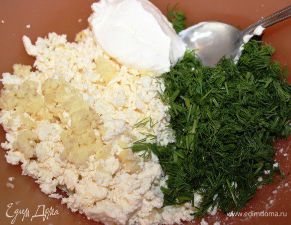 Брынзу натереть на крупной терке или размять вилкой, добавить рубленный укроп, чеснок, половину сметаны, яйцо и хорошо перемешать.