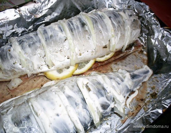 Сверху смажьте рыбу майонезом или сметаной, можно дополнительно посыпать приправой для рыбы. Выложите на противень, застеленный фольгой в 2 слоя. Запекайте в разогретой до 200°C духовке 25–30 минут до красивого золотистого цвета. Приятного аппетита!