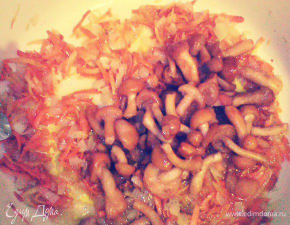 Добавить опята. Посолить, поперчить , тушить до готовности.