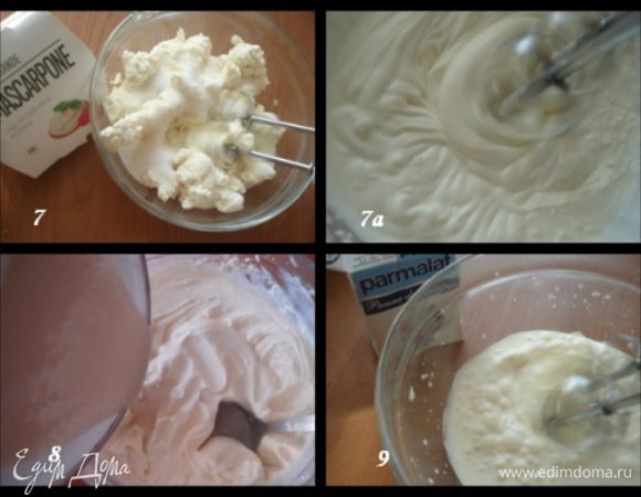 Смешать маскарпоне, творог, сахар, лимонный сок, ваниль и взбить на медленной скорости. Подогреть набухший желатин до полного растворения, но не кипятить. Ввести тонкой струйкой в творожную массу и перемешать. Взбить сливки в устойчивую массу.