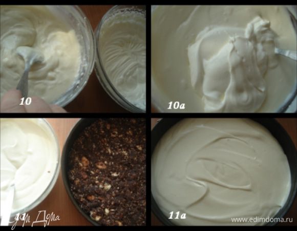 Добавить взбитые сливки в творожную массу и аккуратно перемешать. Достать из морозилки основу и вылить в форму начинку ровным слоем.