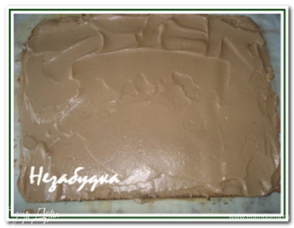 Сборка: Положить бисквит на лист пергаментной бумаги нижней стороной вверх, удалить бумагу, на которой выпекался бисквит. Нанести крем, утолщая слой к краю, с которого будете заворачивать рулет (чаще это сторона по направлению к себе). Плотно свернуть рулет. Завернуть рулет в бумагу и поставить в холод швом вниз минимум на 4 часа (лучше на ночь).