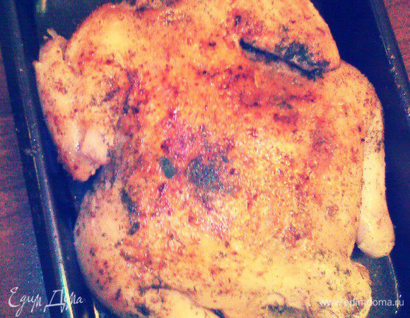 Цыпленка положить на противень и запекать 40 минут при 180 гр.