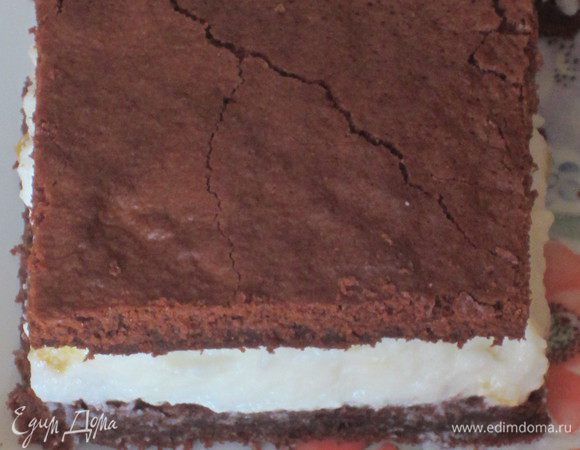 Бисквит разрезать на квадратики (у меня получилось 5 квадратов). Каждый квадрат разрезать на 2 коржа. На 1 корж нанести толстый слой мусса и накрыть второй половинкой. Поставить в холодильник на 3-4 часа.