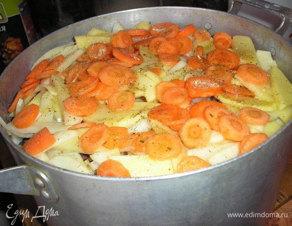Все продукты можете брать в произвольных пропорциях. Кастрюлю сполосните холодной водой. Во влажную кастрюлю (чтобы рыба не прилипала ко дну) положите слой сельди, затем лук, картофель, посолите, поперчите, выложите слой моркови.