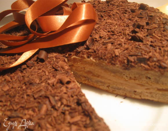 Натереть шоколад. Для этой цели я воспользовалась ножом для чистки овощей. Посыпать торт шоколадом. Поставить на 2 часа в холодильник.

