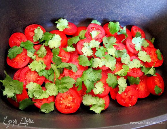 Вторым слоем выкладываем зелень: кинзу и базилик.