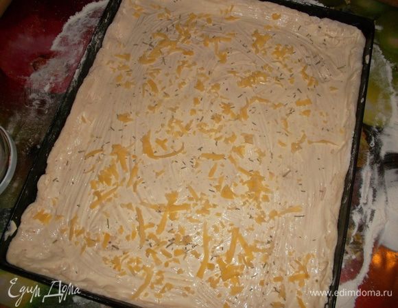 Тесто раскатываем, выкладываем в форму, смазываем майонезом, посыпаем 1/3 сыра и специями...