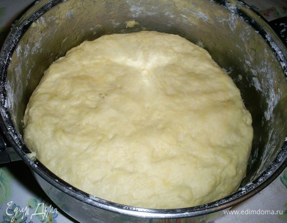 Замешиваем на сметане мягкое тесто. Сметану можно добавлять не всю сразу, ее точное количество зависит от густоты. Ставим тесто в теплое место, чтоб оно подошло.