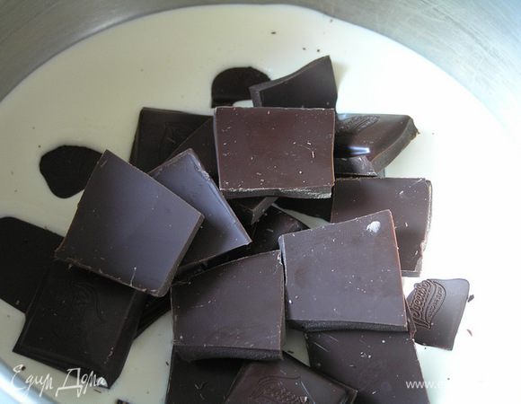 В сливки добавить сахарную пудру и поломанный на кусочки шоколад,


