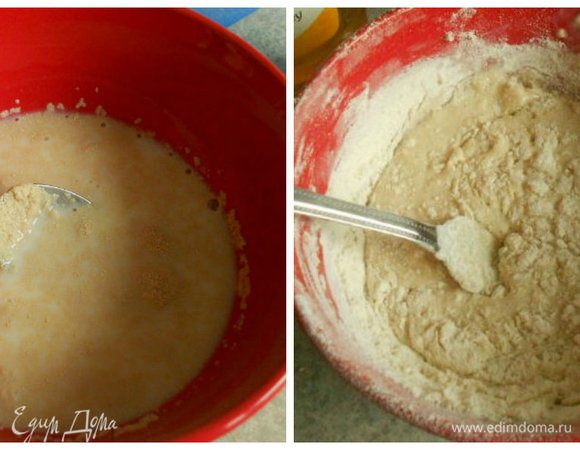 В миску налить 100 мл  хорошо тёплого молока, добавить мёд, дрожжи, размешать и добавить 100 г просеянной муки.