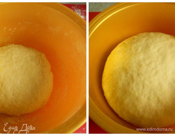 Тесто положить в миску, накрыть и убрать в тепло до удвоения в объёме, т.е. на 50-60 мин.