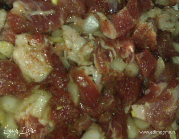 Мясо промыть, просушить, нарезать ломтиками. Лук нашинковать.
Маринуем в емкости: лук, чеснок(гранулы) ст л, имбирь сушеный (гранулы) щепотка, аджика сушеная, куркума и лавровый лист (порошок), укроп, петрушка сельдерей (сушеные и измельченные ), черный перец, соль, ломтики мяса, оливковое масло – все перемешать, убрать на 30 мин в холодильник. Можно и больше.
