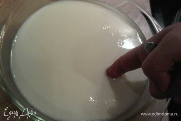 Охлаждаем молоко до 38С-45С или до тех пор когда палец терпит. Но не менее чем 38С, иначе процесс закваски будет проходить плохо и у вас получится скорее питьевой йогрут, чем густой.