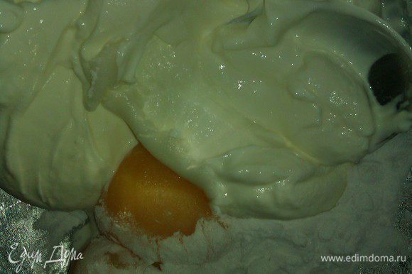 Сметану с яйцами,сахаром и крахмалом (можно и оставшиеся от белковой прослойки желтки туда же добавить) хорошенько растереть