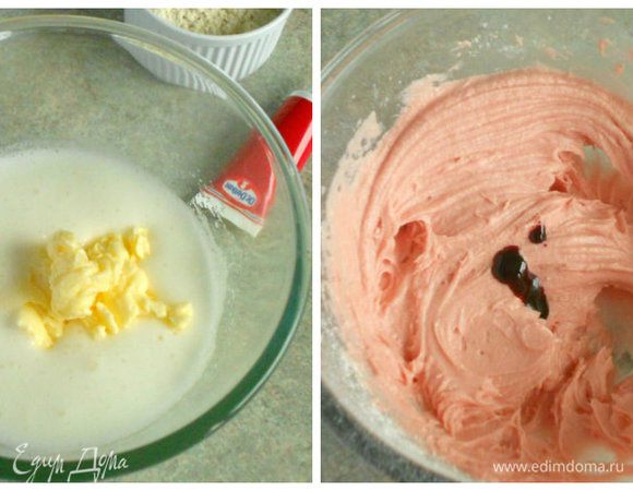 Теперь приготовим рисовальную пасту.
В маленькой миске взбить яичный белок и сахар, добавить мягкое масло и муку. Тщательно взбить до однородной массы. По капле добавлять пищевой краситель до желаемого оттенка. Учитывайте, что при выпечке цвет станет более интенсивным. Переложить массу в кондитерский мешок и тонкой насадкой (или в бумажный корнетик и срезать уголок).